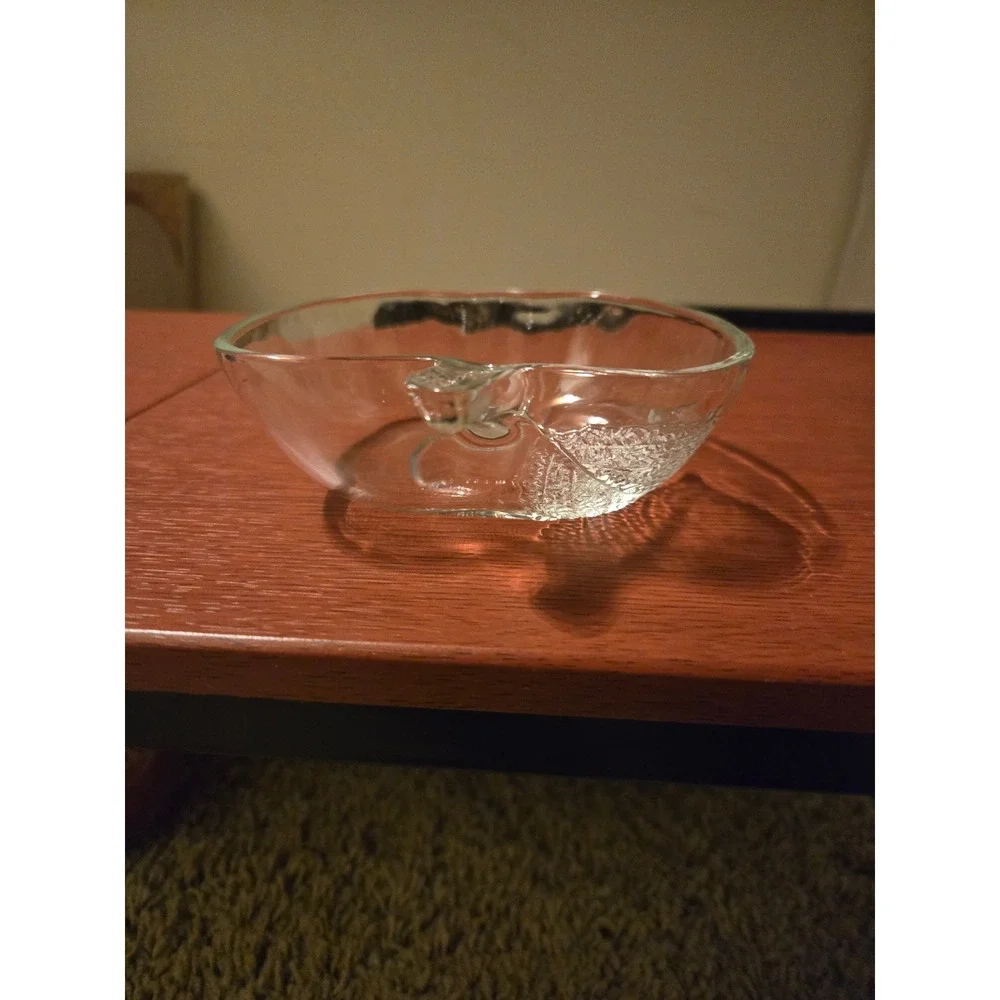 Vintage Clear Glass Apple Shaped Small Bowl with Embossed Leaf Design‎ Indonesia